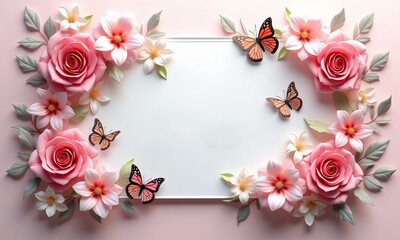 Delicate White Rectangular Card with Romantic Pink Rose Border and Monarch Butterflies in Feminine Pastel Style against Light Pink Background with Copy Space