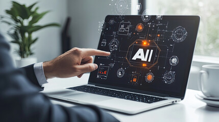 AI Technology Man Interacting with Futuristic Laptop Interface