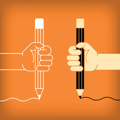 Fototapeta premium Modern linear and flat pencil holding hand design. Artistic concept template.