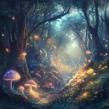 Mystical forest path with glowing mushrooms and fairy lights at dusk
