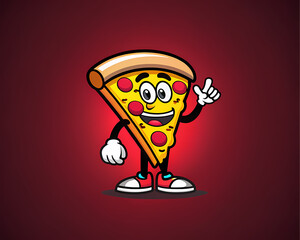 Fototapeta premium Cheerful pizza slice mascot giving a thumbs‑up on deep red gradient background
