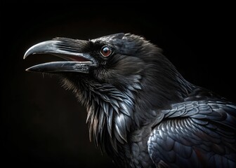 Close-up portrait of a black raven. Intense raven profile showcasing glossy feathers and sharp features against dark background. Close up of dark raven