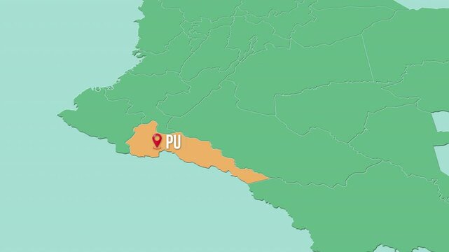 Mapa de Colombia con divisi&oacute;n pol&iacute;tica resaltando el estado Putumayo.