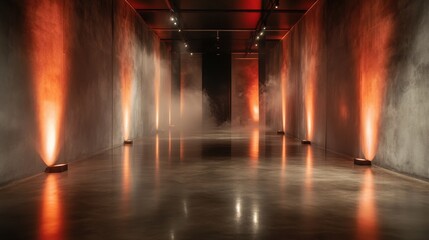 Naklejka premium A striking minimalist hallway enhanced with artistic red and orange lighting effects, creating an ethereal atmosphere that captivates the viewer's attention and curiosity.