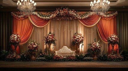 Opulent wedding stage with red and gold theme high resolution hd photo