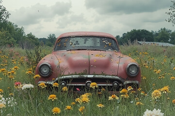 Rustic Vintage Car Surrounded by Vibrant Wildflowers in Abandoned Field Setting