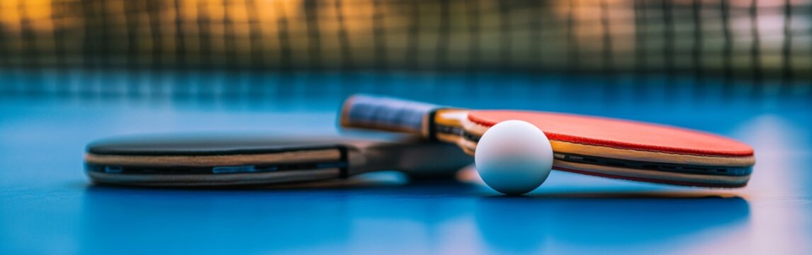 Table tennis paddles lie on a vibrant blue surface alongside a white ball, showcasing a perfect setup for an exciting match. Light filters through, creating a lively atmosphere