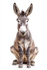 Donkey with Floppy Ears Sitting Gracefully on White Background