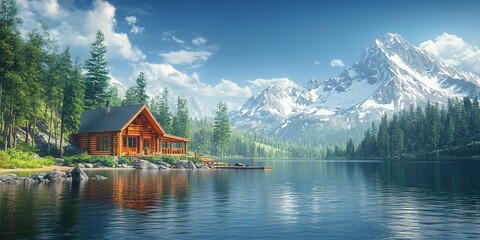 Fototapeta premium Lakeside cabin surrounded by mountains and forests on a clear sunny day with calm water reflections