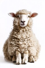Fototapeta premium White Background Featuring Calm Sitting Sheep with Plush Wool