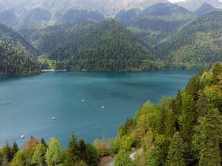 Scenic view of the lake and mountains against the sky from a height