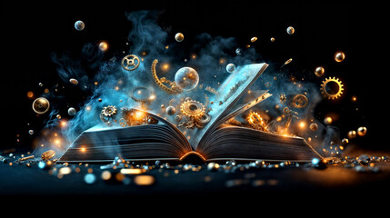 Fototapeta premium Magical Book Unleashing Whimsical Steampunk Gears and Shimmering Orbs into a Mystical Ether