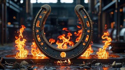 Fototapeta premium Flaming Horseshoe On Gritty Platform With Fire Rising Around Steampunk Industrial Feel