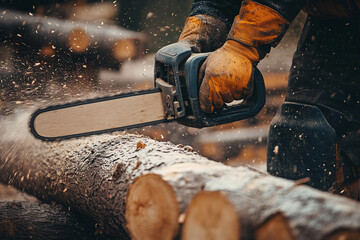 "Woodcutter Using Chainsaw to Cut Tree in Sawmill"