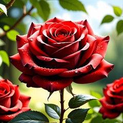 Single deep‑red rose in full bloom with lush green leaves and sunlight filtering through in the background / Rosa roja intensa en plena floración con hojas verdes abundantes