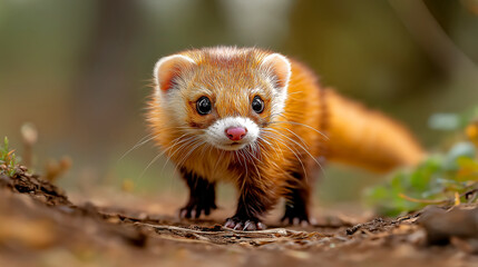 Fototapeta premium Adorable Ferret in Natural Habitat with Curious Expression. National Ferret Day