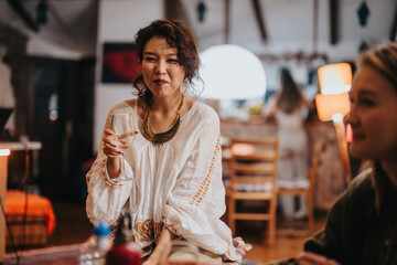 A cheerful woman is holding a drink while socializing in a warmly lit home setting, creating a cozy and festive atmosphere.