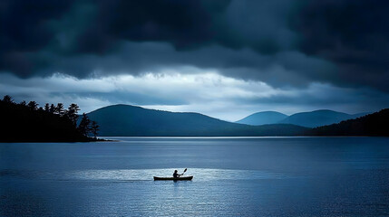 Solo kayaker paddling serene lake under dramatic stormy sky, mountains backdrop