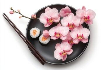 Beautiful arrangement of pink orchids next to sushi rolls on a black plate with wooden chopsticks and delicate flower elements on a white background