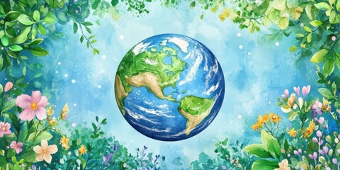 Planet Earth with flowers around the planet, blue background. Environmental theme, watercolor drawing style.