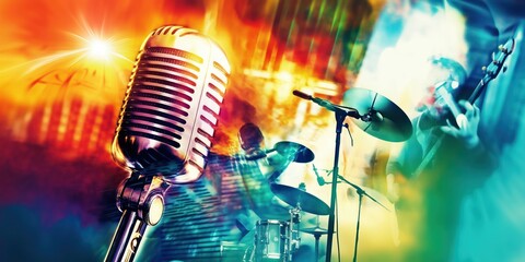 Vintage microphone with vivid background of for stand-up comedy show, karaoke, singing contest and other events.