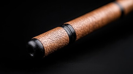 Close-up of a handcrafted bamboo flute, detailed texture, dark background.  Possible use Stock photo for musical instruments