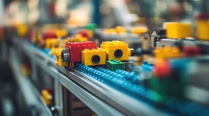 Colorful toy blocks moving on a conveyor belt in a toy factory, close-up