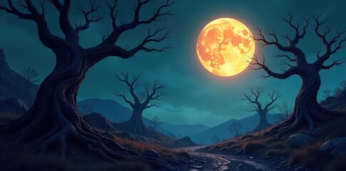 an eerie, glowing moon rises above a surreal landscape of twisted trees, enigmatic, dreamlike