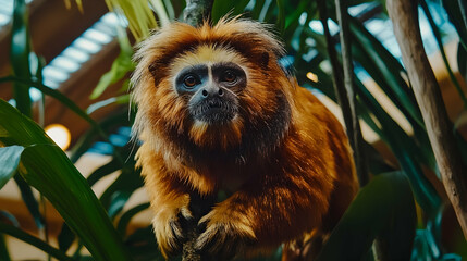 Obraz premium Golden Lion Tamarin perched on branch, zoo enclosure, lush greenery background, wildlife conservation