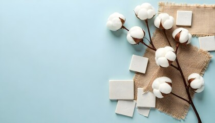 Rama de algod&oacute;n con flores blancas, baldosas de piedra y muestras de tela sobre fondo azul, vista de arriba hacia abajo, tablero de humor de dise&ntilde;o interior, paleta de colores neutros