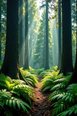 Naklejka premium Forest floor with tall ferns under towering trees, plants, plant life, forest