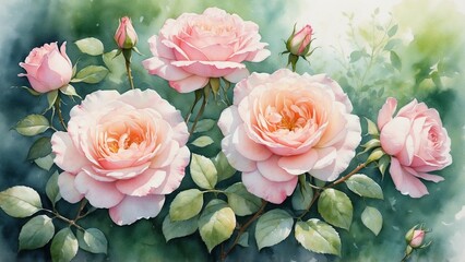 Delicate floral background with watercolor pink roses: graceful petals and scattered green leaves in a romantic atmosphere