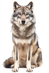 Majestic Wolf with Thick Fur Perched on White Background