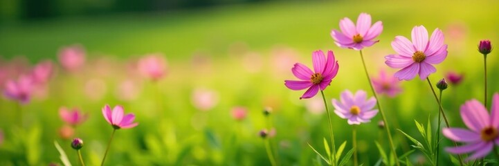 Pink cosmos blooms on a lush green grassy meadow, field, landscape