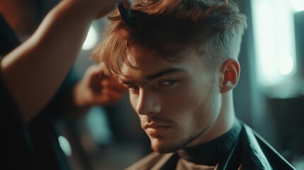 Fototapeta premium professional hairdresser styling a client's hair, focusing intently in a bright salon environment, no dark, no shadows