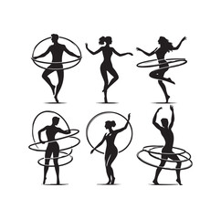 Men and women hula hooping silhouette vector illustration