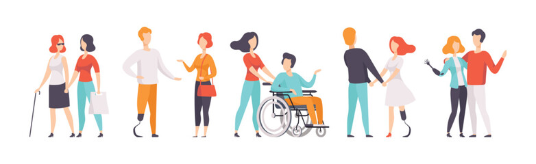 Disabled People Character with Their Friends Vector Set