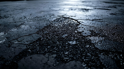 Cracked asphalt road surface at night, reflecting light, showcasing texture for design use