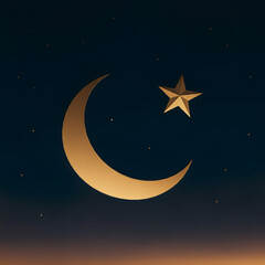 Naklejka premium Golden crescent moon and star against deep night sky Islamic symbol Ramadan spirituality celestial peaceful abstract design