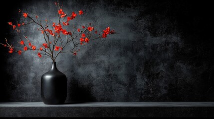 Red Blossoms in Dark Vase, Still Life