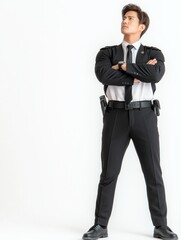 Obraz premium Asian male security guard stands at attention for duty against a white background in a professional setting