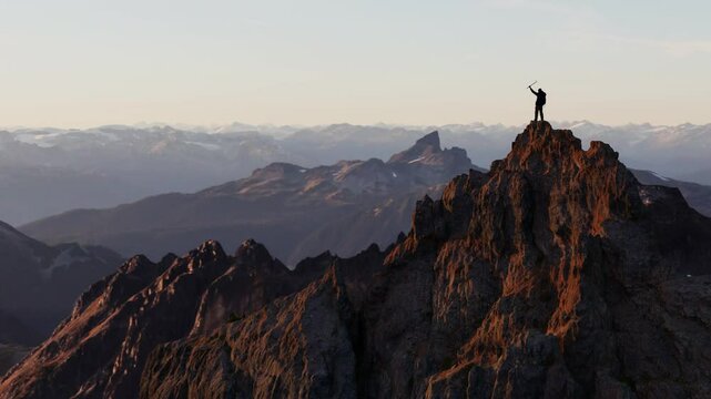 Hiker plants ice axe on mountain summit. 3D Rendering.