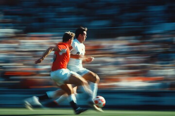 Fototapeta premium Two soccer players in action sprinting towards the ball during a fast-paced match, with motion blur capturing the intensity of the game