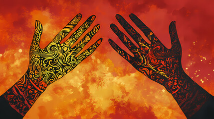 Two hands with intricate patterns, one with yellow and red patterns and the other with black, against a red and orange background. Magical Spell-Casting Hands. Illustration
