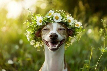 Cute baby dog greyhound wearing primal flower crown on its head. Sunny days happiness. Sunny daylight. Outdoor happiness for puppies. Floral aesthetics for dogs. Summer retreat for pets.