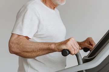 Naklejka premium Senior man exercising on treadmill, focusing on fitness and heal