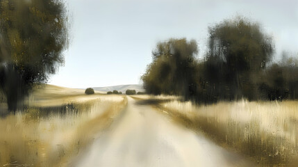 Rural dirt road through golden fields, hazy hills in background, summer landscape, ideal for travel brochures