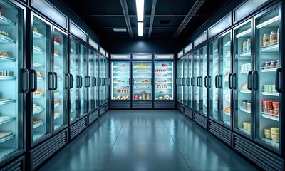 A futuristic refrigerated storage space with glass-fronted shelves filled with various food items. The cool blue lighting 