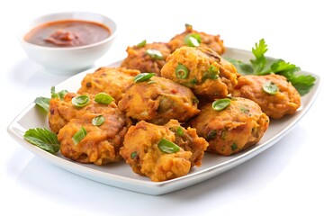 Delicious Indian crispy pakora on a white plate isolated on white background