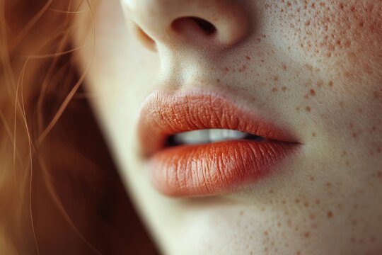 Lush lips adorned with soft orange hue, framed by delicate freck